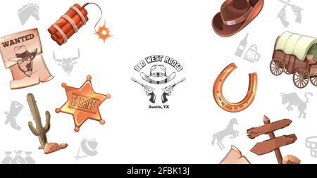 Cartoon wild west concept with wanted poster dynamite sheriff badge cactus cowboy hat horseshoe cart wooden signboard Stock Vector