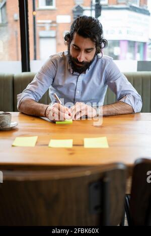 Handsome businessman writing on adhesive notes while working in coworking office Stock Photo
