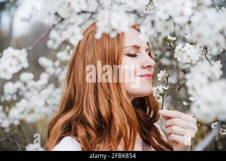 Young woman with eyes closed smelling white flower Stock Photo