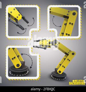 Yellow robots arm concepts with three isolated parts of robot in icon set combined around full version of machine vector illustration Stock Vector