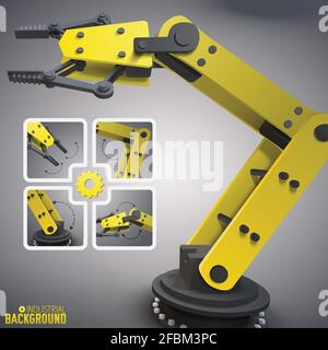 Big 3d yellow robot arm in manufacturing composition and four icon set with large increase in machine parts vector illustration Stock Vector