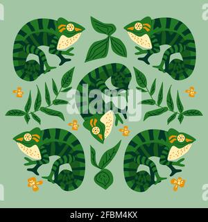 Pattern with cute, funny colored chameleons and tropical foliage. Peace sign, leaves and flowers cheerful vector illustration. Stock Vector