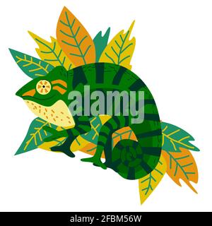 hand drawn cute panther chameleon, exotic mascot shows peace sign and smiles, bright positive character on tropical foliage background, avatar, logo, Stock Vector