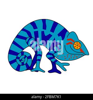 hand drawn cute panther chameleon, exotic mascot shows peace sign and smiles, bright positive character, avatar, logo, kids design vector illustration Stock Vector