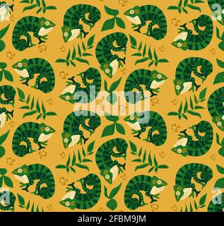 Seamless pattern with cute, funny chameleons show peace sign among foliage tropical leaves. kids, web pages, wrapping paper, wallpaper, textile desian Stock Vector