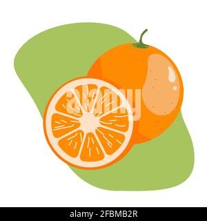 Orange fruit whole and slice juicy fresh cartoon orange bright colorful vector illustration Stock Vector