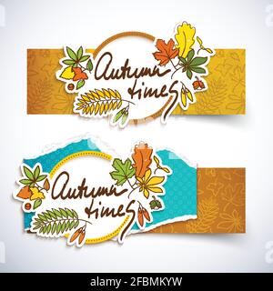 Two horizontal autumn times banner set for autumn sale with different colored leaves vector illustration Stock Vector