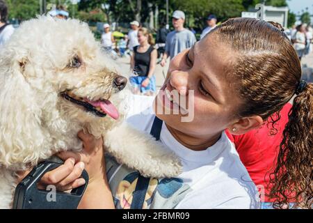 Miami Florida,Bayfront Park Walk for the Animals,Humane Society fundraising event dogs,Black girl female kid student volunteer hugging holding dog, Stock Photo