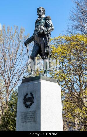 Sculpture or statue of John Graves Simcoe by sculptor Walter S. Allward in Queen's Park by the Legislative Assembly Building of the Ontario Province, Stock Photo