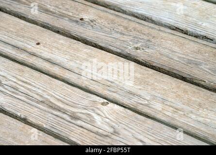 The backyard deck is beginning to look old and weathered and could use a good coat of sealer. It makes a nice texture or background with a slight boke Stock Photo