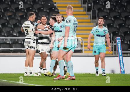 Hull FC's Carlos Tuimavave celebrates with his team-mates after scoring a try during the Betfred Super League match at the KCOM Stadium, Hull. Picture date: Friday April 23, 2021. Stock Photo