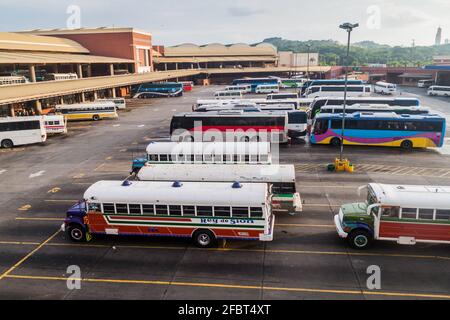 PANAMA CITY, PANAMA - MAY 27, 2016: Buses wait at Albrook Bus Terminal in Panama City. Stock Photo