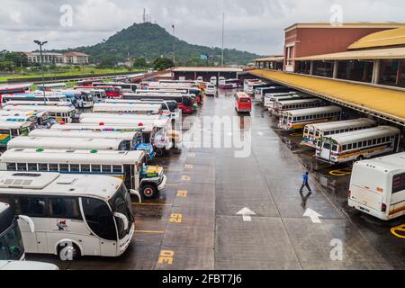 PANAMA CITY, PANAMA - MAY 28, 2016: Buses wait at Albrook Bus Terminal in Panama City. Stock Photo