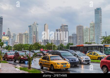 PANAMA CITY, PANAMA - MAY 30, 2016: Traffic jam on Balboa avenue and a skyline of skyscrapers in Panama City Stock Photo