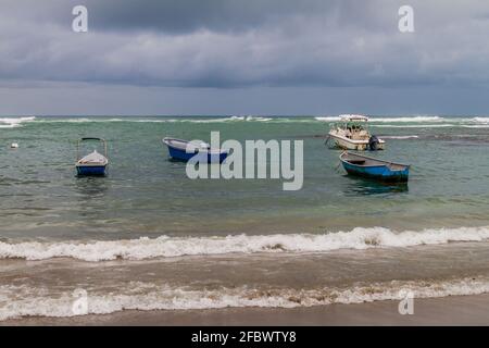 Boats and a beach in Puerto Viejo de Talamanca village, Costa Rica Stock Photo