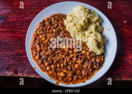 Plate of chilli sin carne with mashed potatoes Stock Photo