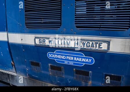 Southend Pier Railway Train diesel power car on Southend Pier, Southend on Sea, Essex, UK, named Sir William Heygate. Old, vintage Stock Photo