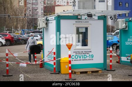Bucharest, Romania - February 11, 2021: No customer at a private Covid-19 Real-Time PCR testing center in Bucharest. Stock Photo