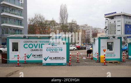 Bucharest, Romania - February 11, 2021: No customer at a private Covid-19 Real-Time PCR testing center in Bucharest. Stock Photo