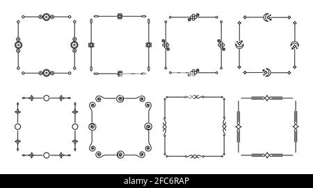 Flower and leaf vector line frames square, dividers on isolated white. Decorative ornaments for scrapbook, card, book, wedding invate, menu or certificate. Chapter decorations and delimiters set. Stock Vector