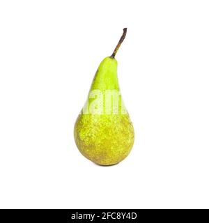 Fresh green organic whole pear close up isolated on white background. Stock Photo