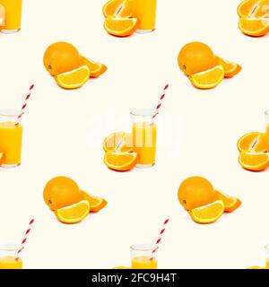 Orange juice in a glass with pieces repeat seamless pattern on light background. Stock Photo