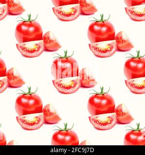Red tomato slices repeat seamless pattern on light background. Stock Photo