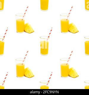 Yellow pineapple juice in a glass with slices repeat seamless pattern on white background. Stock Photo
