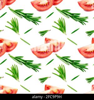 Red tomato slices and green rosemary repeat seamless pattern on white background. Stock Photo