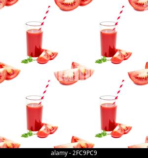 Red tomato juice in the glass with slices repeat seamless pattern on white background. Stock Photo