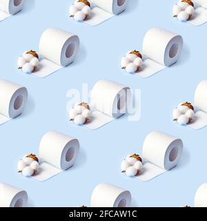 White toilet paper roll repeat seamless pattern on light blue background. Stock Photo