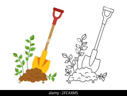 Shovel in ground set black line icon, cartoon style. Work tool for outdoor activities digging symbol. Rural gardening, Construction equipment collection. Hand drawn garden concept vector illustration Stock Vector