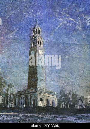 University of North Carolina (UNC) belltower at dusk in Chapel Hill, NC.  UNC decor Tar Heels belltower Chapel Hill artwork Stock Photo