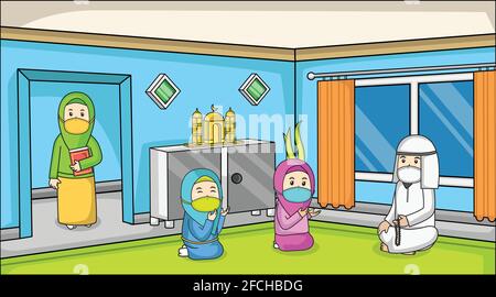 During the corona virus pandemic,muslim stay at home ,in ramadan month.children praying and mother bring muslim al-quran,using masks and health protoc Stock Vector
