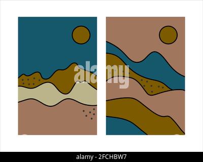 Boho style landscape. Set of posters with nature. Terracotta retro abstract landscape with mountains, sky and sun. Stock Vector