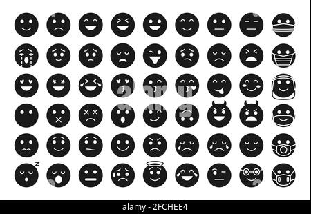 Emoji face black glyph icon set. Different type emoticon smile silhouette collection. Template mood faces expressing laugh, sad or angry, love. Emoticons in mask Isolated on white vector illustration Stock Vector