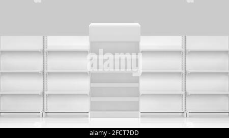 White product store shelves. Gondola display. isolated on white background 3D Render Stock Photo