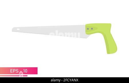 A small carpenter saw with a green handle. Realistic design. On a white background. Carpenter tools. Flat vector illustration. Stock Vector