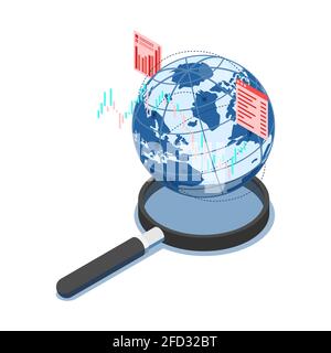 Flat 3d Isometric World with Financial Chart on Magnifying Glass. Global Business Research and Analysis Concept. Stock Vector