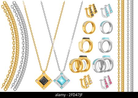 Vector Jewelry Set, lot collection of cut out illustrations chains, necklaces with black and blue precious jewels, contemporary earrings with english Stock Vector