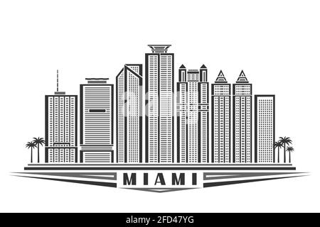 Vector illustration of Miami, monochrome horizontal poster with outline design famous miami city scape, urban line art concept with unique decorative Stock Vector