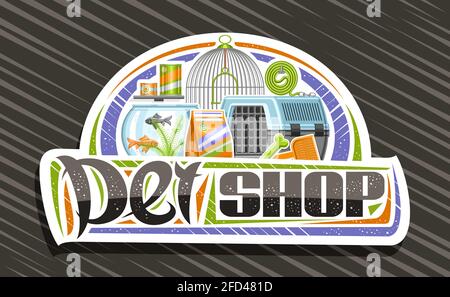 Vector logo for Pet Shop, decorative sign board with illustration of plastic travel box for cat, aquarium with goldfish and seaweed in water, curled u Stock Vector