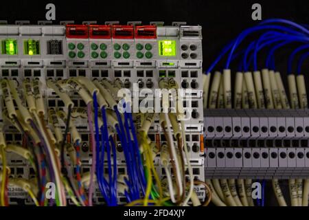 Terminal of control cable and wire duct.Terminal block. Industrial power case. Stock Photo