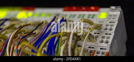 Terminal of control cable and wire duct.Terminal block. Industrial power case. Stock Photo