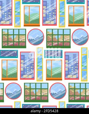 Seamless childrens bright texture of various windows on white background. Wallpaper with Facade with windows with different views. Vector pattern with Stock Vector