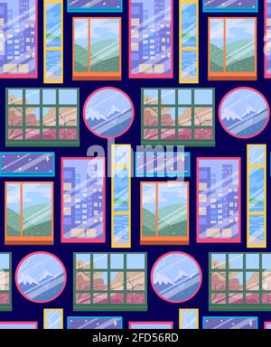 Seamless childrens bright texture of various windows on dark violet background. Wallpaper with Facade with windows with different views. Vector neon p Stock Vector
