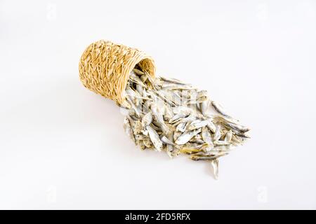 asian traditional dried salty small fish, calcium cooking, isolated on white background Stock Photo