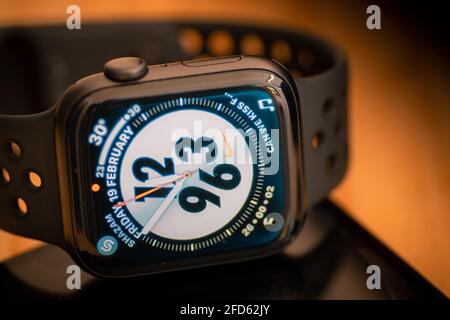 Galle, Sri Lanka - 02 19 2021: Apple watch series 6 display analog clock on the touch screen close up. Stock Photo