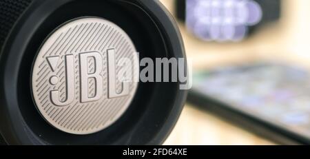 Galle, Sri Lanka - 02 19 2021: JBL charge 4 portable speakers logo embossed. Stock Photo