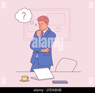 Business, work, success, thought, problem concept. Pensive businessman with thought bubbles overhead Stock Vector